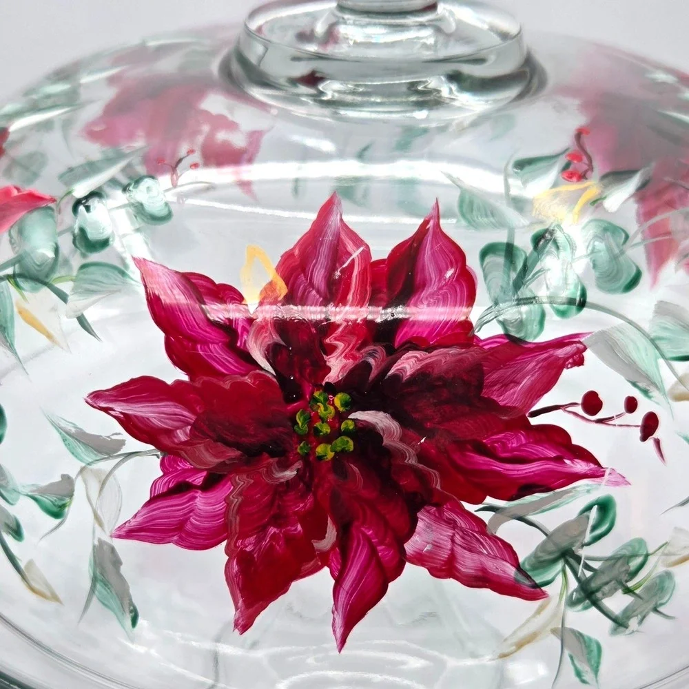 Pedestal Cake Stand with Hand Painted Poinsettias on Domed Lid  One of a Kind‎